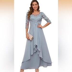 NWOT Light Blue Lace Bodice Long-Sleeve Chiffon Evening Gown